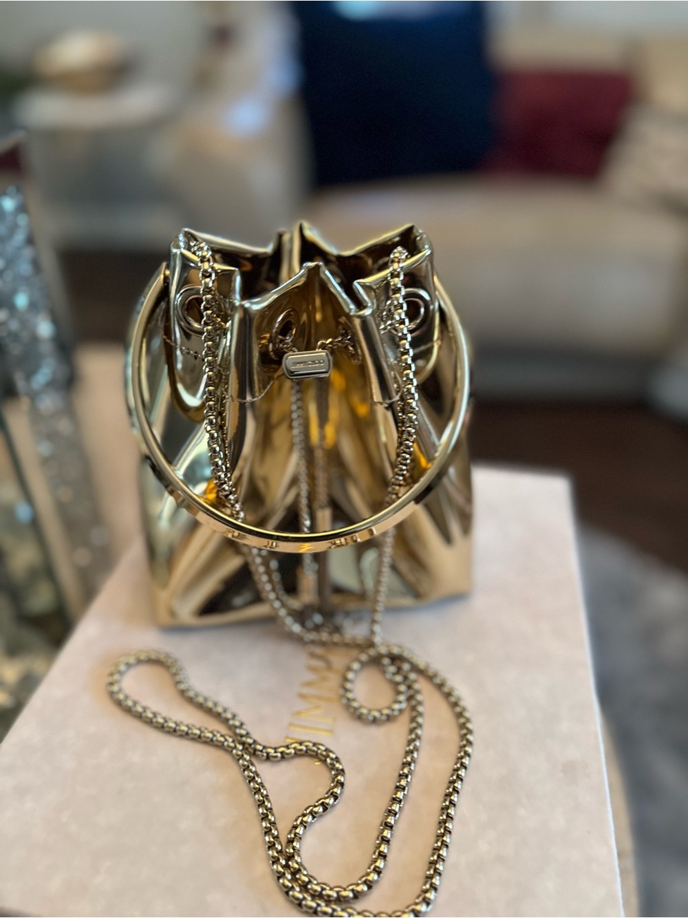 Jimmy Choo Gold Metallic Mini Drawstring Bucket Bag - Picture 10 of 13